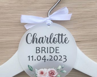 Personalised Acrylic Wedding Hanger Tag: Rose Floral Design