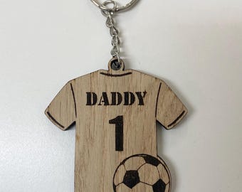 Personalised Football Shirt Keyring, Wooden Dad Keychain