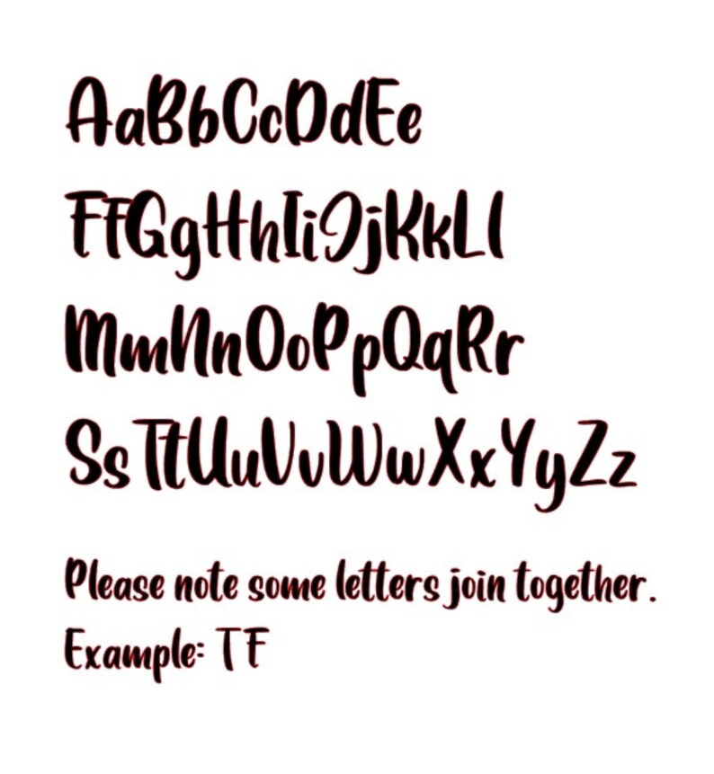 Op de afbeelding: Een zwart-wit alfabetlettertype in een handschrift-stijl. De letters worden in hoofdletters en kleine letters weergegeven. De tekst onder het alfabet zegt "Let op: sommige letters worden aan elkaar verbonden. Voorbeeld: TF".
