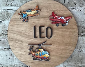 Personalised Aeroplane Nursery Sign: Round Oak Veneer Kids Room Decor