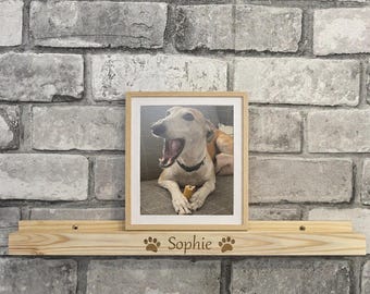 Personalised Dog Photo Ledge – Engraved Wooden Shelf with Paw Prints & Pet Name | Custom Pet Gift | Dog Memorial Display