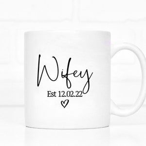 white ceramic mug, coffee mug, tea mug, black wording, Wifey, Personalised date, black heart