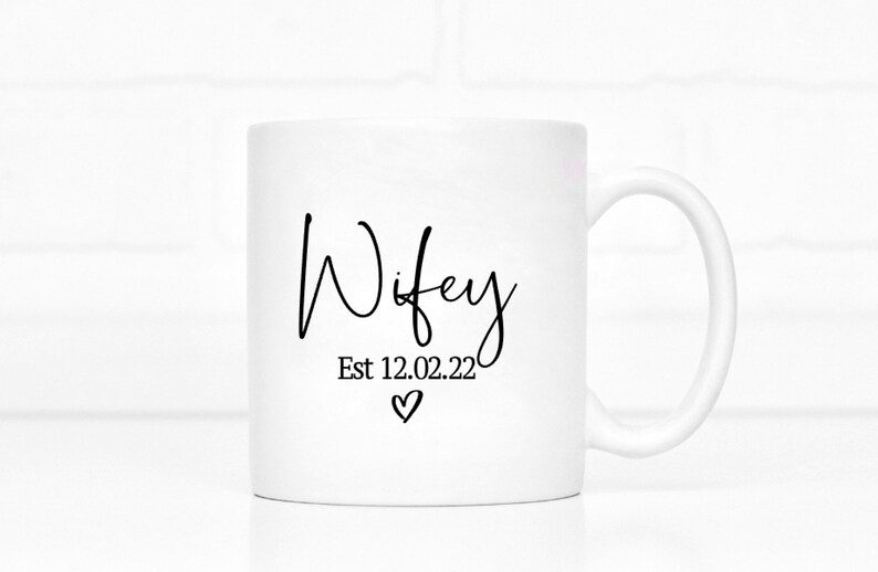white ceramic mug, coffee mug, tea mug, black wording, Wifey, Personalised date, black heart
