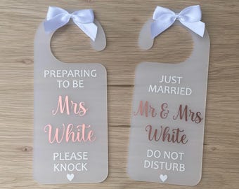 Personalised Bridal Door Hanger: Bride in Progress Acrylic Sign, Mr and Mrs Sign