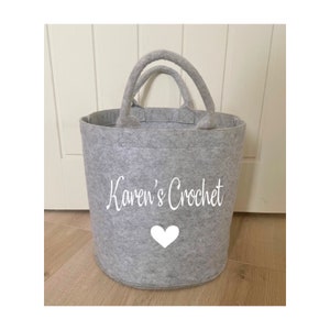 Personalised Crochet Storage Bag: Grey Craft Tote with Handles