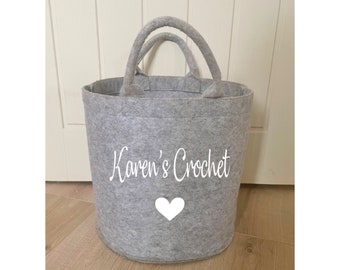 Personalised Crochet Storage Bag: Grey Craft Tote with Handles