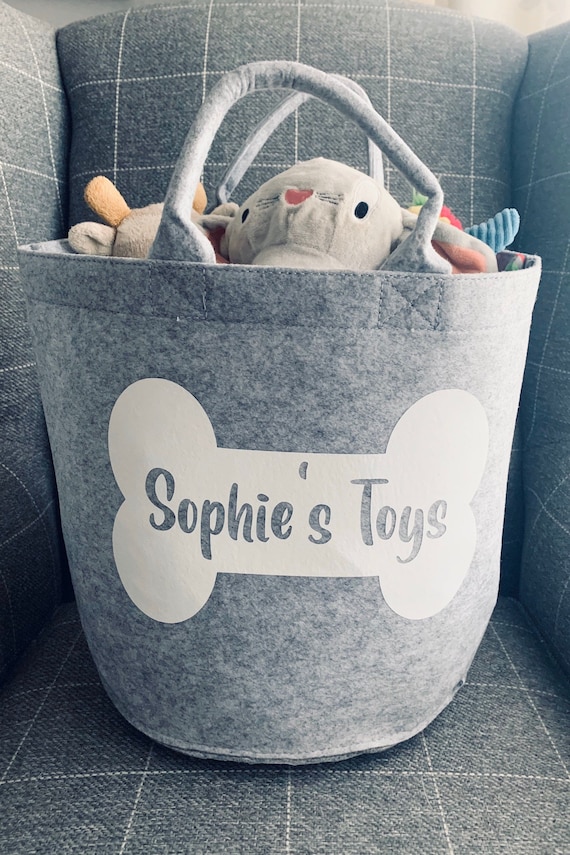 Personalised Dog Toy Storage Basket: Bone Design, Grey Bag With Handles