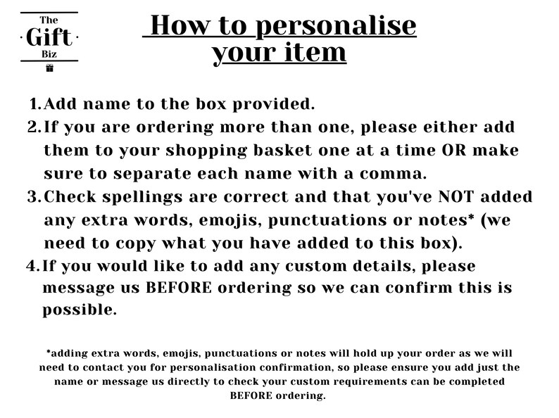 Op de afbeelding: Zwarte en witte tekst op een witte achtergrond met instructies over het personaliseren van een item. De tekst bevat de woorden "The Gift Biz" en "Hoe je je item personaliseert".