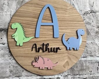 Personalised Dinosaur Nursery Sign: Round Oak Veneer Childrens Room Decor