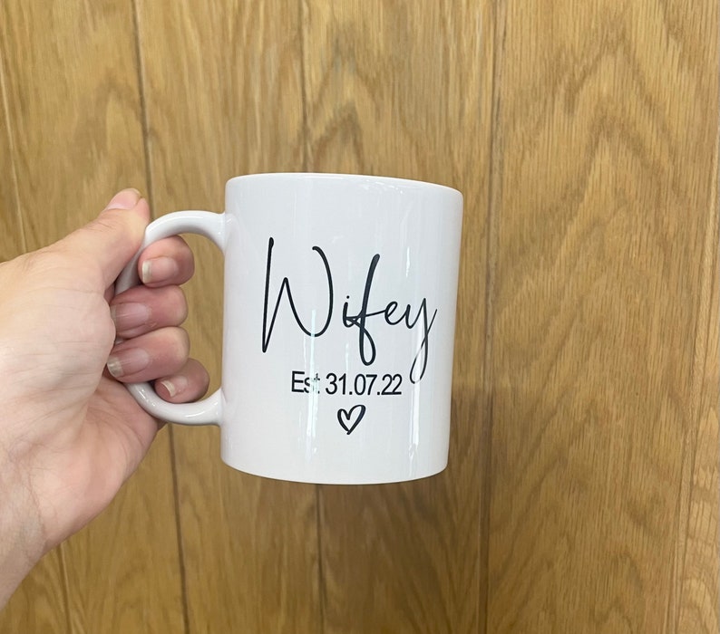 white ceramic mug, coffee mug, tea mug, black wording, Hubby, Personalised date, black heart
