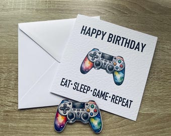 Personalised Gamer Birthday Card - Eat Sleep Game Repeat - Video Game Controller