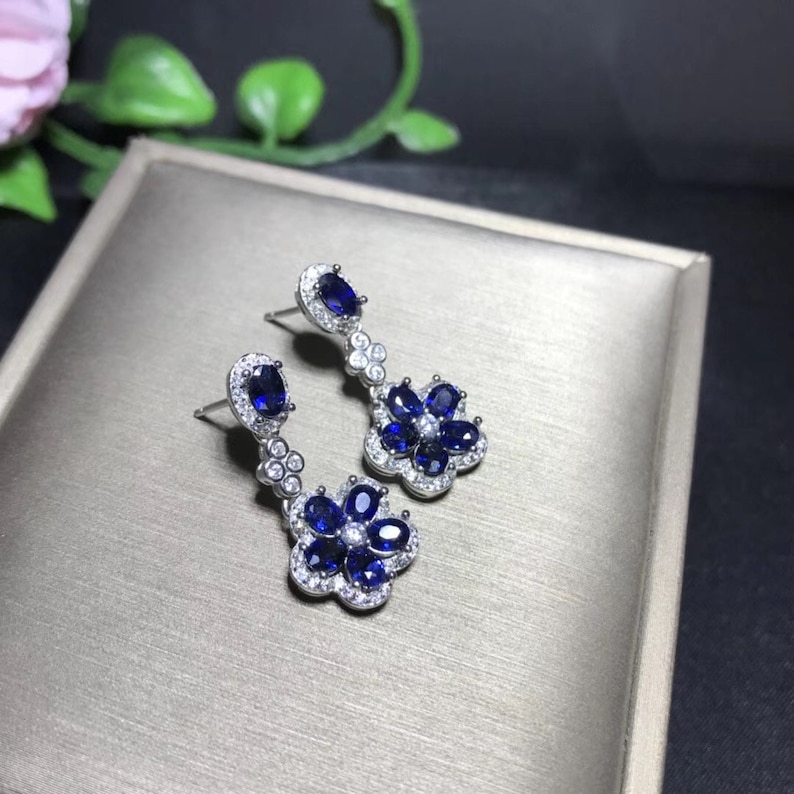 Natural Blue Sapphire Earrings Engagement Wedding Jewelry Art Deco Aesthetic Sterling Silver Earrings For Women September Birthstone