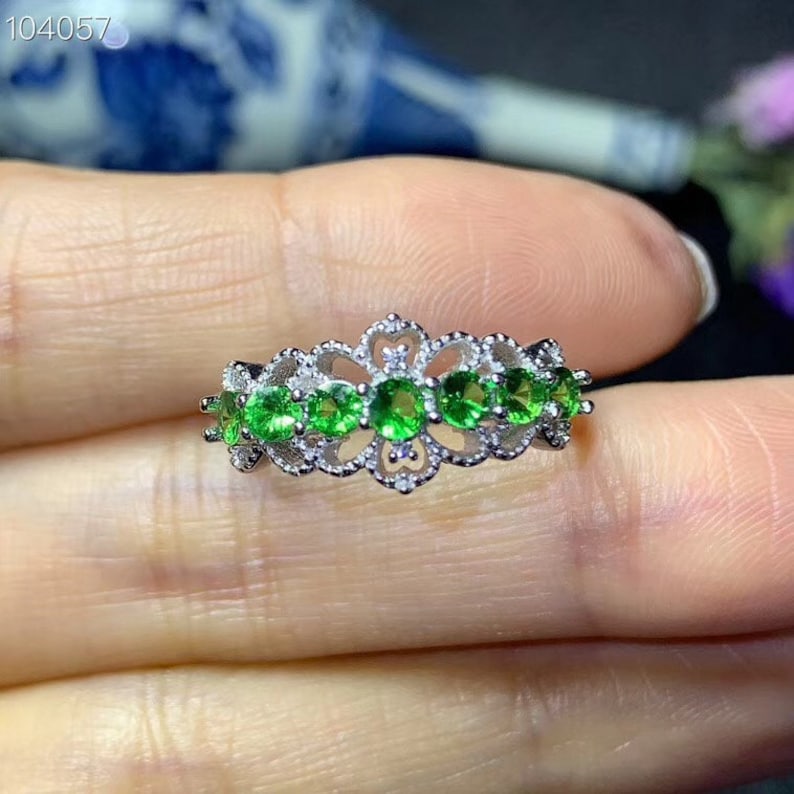 Natural Green Tsavorite Ring Stackable Rings White Gold Plated Sterling Silver Rings Handmade Aesthetic Engagement Wedding Ring