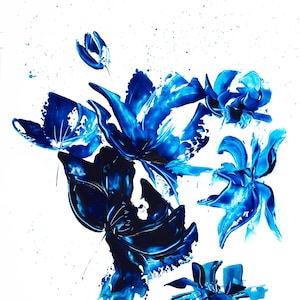 Dipinto originale, bouquet di fiori blu in acrilico su carta giapponese, per decorazione murale.