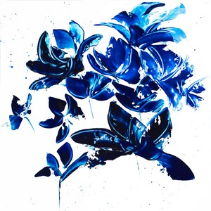Dipinto originale, acrilico su carta di qualità di un mazzo di fiori blu per la decorazione d'interni