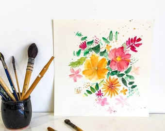 Peinture originale de fleurs en aquarelles sur papier pour décoration d'intérieur colorée