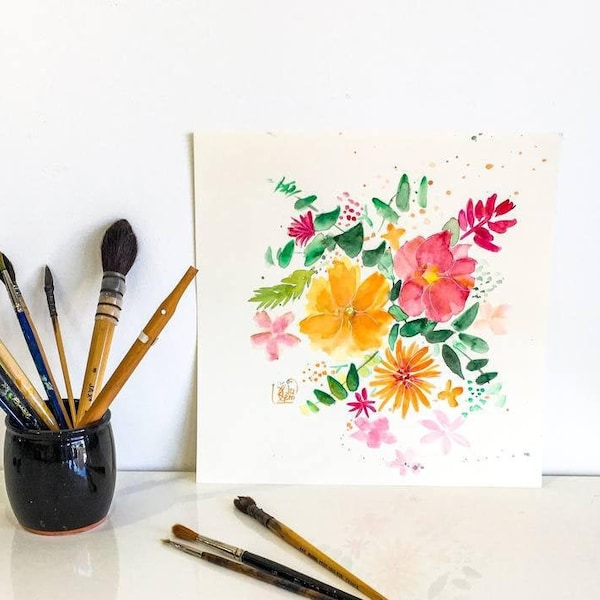 Peinture originale de fleurs en aquarelles sur papier pour décoration d'intérieur colorée