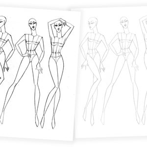 Pu&ograve; includere: Un set di sei modelli di design di moda con figure femminili in varie pose. Le figure sono disegnate in uno stile semplice e minimalista con linee che delineano il corpo e gli arti.