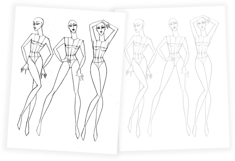 Pu&ograve; includere: Un set di sei modelli di design di moda con figure femminili in varie pose. Le figure sono disegnate in uno stile semplice e minimalista con linee che delineano il corpo e gli arti.