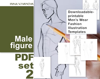 Può includere: Un set di modelli di figure maschili stampabili per l'illustrazione di moda. I modelli sono in formato PDF e sono disponibili per il download. L'immagine mostra una mano che tiene una matita sopra un disegno di una figura maschile.