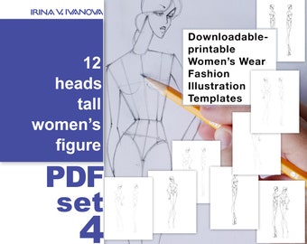 May include: A set of 12 printable fashion illustration templates featuring a tall women's figure. The templates are designed for creating fashion illustrations and are available as a PDF download. The text "Downloadable-printable Women's Wear Fashion Illustration Templates" is visible in the image.