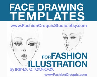 Fashion Illustration downloadable printable croquis: face and head drawing templates. PDF file format with JPG files. Standard style.