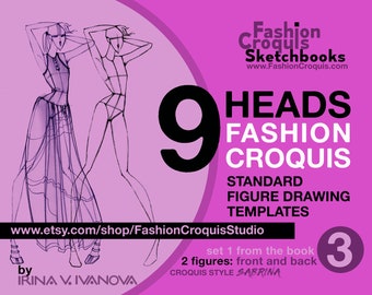 Downloadable printable croquis for fashion illustration: 9-head fashion figure drawing templates for women's clothing design projects (PDF)