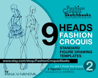 Downloadable printable croquis for fashion illustration: 9-head fashion figure drawing templates for women's clothing design projects (PDF)