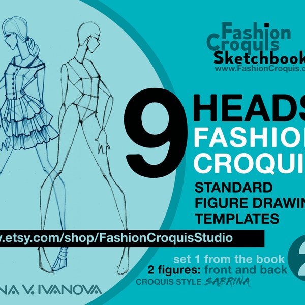 Downloadable printable croquis for fashion illustration: 9-head fashion figure drawing templates for women's clothing design projects (PDF)