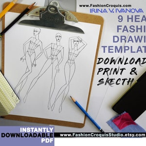 Pu&ograve; includere: Un foglio di carta bianco con tre modelli di figure di moda su una clipboard. La carta ha il testo "9 Heads Fashion Drawing Templates" e "Download, Print & Sketch" scritto su di essa. Il testo "Instantly Downloadable PDF" &egrave; in fondo alla pagina.
