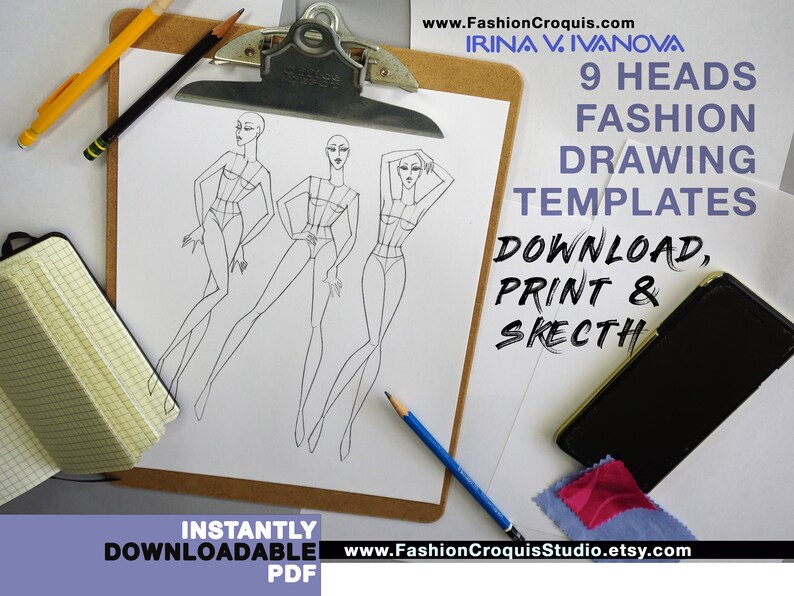 Pu&ograve; includere: Un foglio di carta bianco con tre modelli di figure di moda su una clipboard. La carta ha il testo "9 Heads Fashion Drawing Templates" e "Download, Print & Sketch" scritto su di essa. Il testo "Instantly Downloadable PDF" &egrave; in fondo alla pagina.