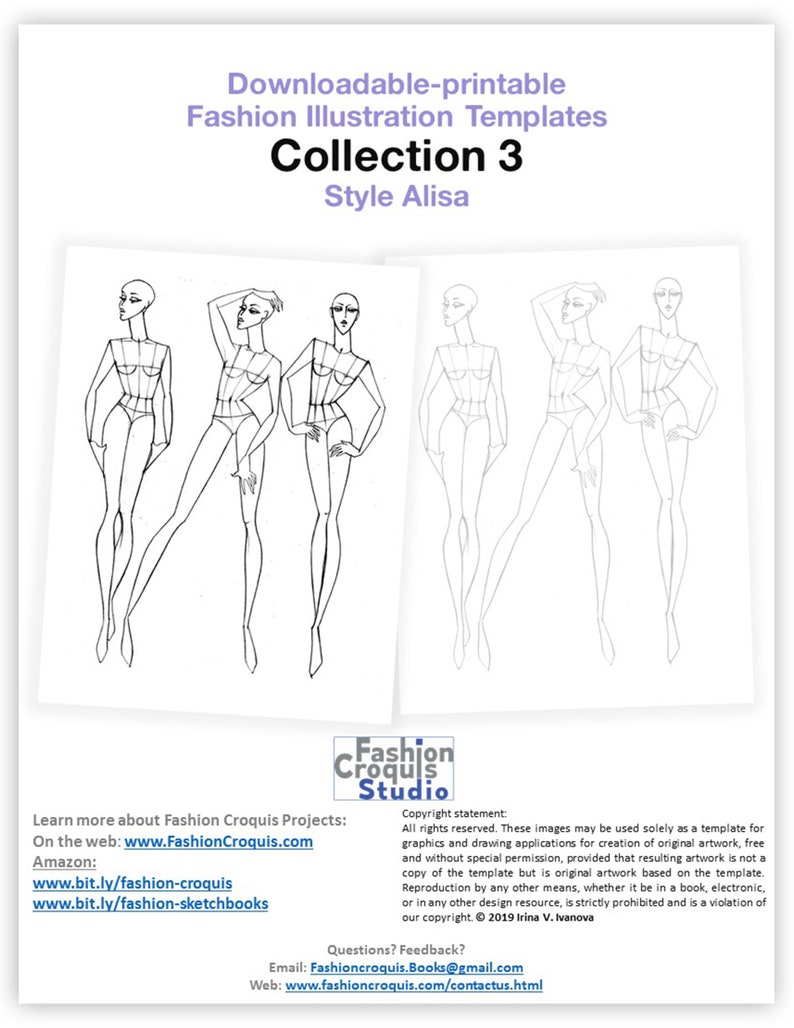 9 Heads simplifies fashion drawing figures for fashion illustration with all technical lines placed for accurate clothing design illustration and with stylized faces. Download, print, and sketch clothing design over the figure, or use on the computer