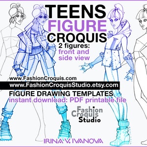 Puede incluir: Dos plantillas de croquis de figuras de moda para adolescentes, una en vista frontal y otra en vista lateral. Las figuras están dibujadas en líneas azules sobre un fondo blanco. El texto "TEENS FIGURE CROQUIS" está en la parte superior de la imagen. El texto "2 figures: front and side view" está debajo del título. El texto "www.FashionCroquis.com" y "www.FashionCroquisStudio.etsy.com" están debajo de las figuras. El texto "FIGURE DRAWING TEMPLATES" está debajo de las direcciones de los sitios web. El texto "instant download: PDF printable file" está debajo del título "FIGURE DRAWING TEMPLATES". El texto "Fashion Croquis Studio" está debajo del texto "instant download: PDF printable file". El texto "IRINA V IVANOVA" está en la parte inferior de la imagen.