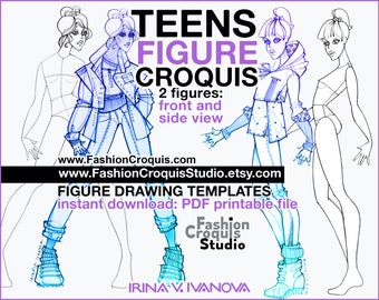 Downloadable printable croquis for fashion illustration: teenager's figure templates for clothing design projects