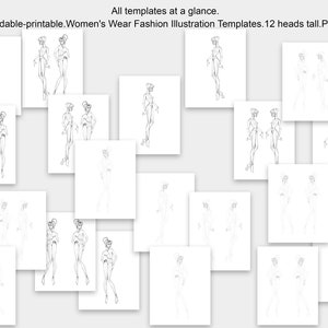 May include: A set of 12 printable fashion illustration templates for women's wear design. Each template features a female figure with a 12-head proportion, standing in a variety of poses. The templates are ideal for sketching and designing clothing.