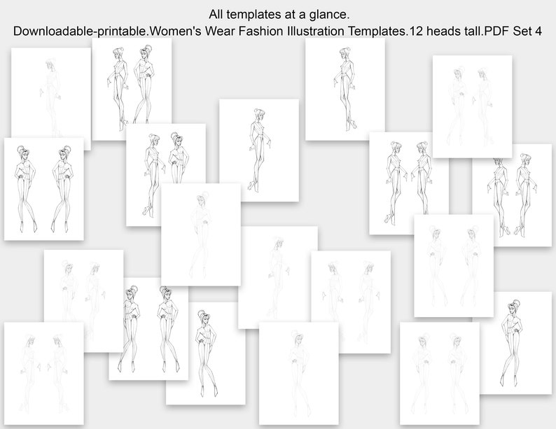 May include: A set of 12 printable fashion illustration templates for women's wear design. Each template features a female figure with a 12-head proportion, standing in a variety of poses. The templates are ideal for sketching and designing clothing.