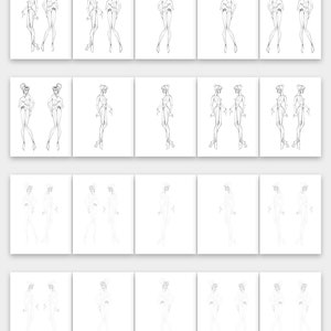 May include: A set of 12 printable fashion illustration templates for women's wear design. Each template features a standing figure with a 12-head tall proportion.