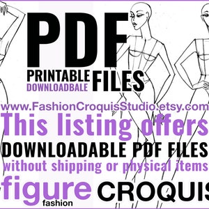 Pu&ograve; includere: Tre disegni in bianco e nero di figure di moda su uno sfondo bianco. Il testo "PDF FILE STAMPABILI www.FashionCroquisStudio.etsy.com Questo annuncio offre FILE PDF SCARICABILI senza spedizione o articoli fisici. figure CROQUIS" &egrave; in testo viola.
