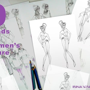 May include: A collection of nine head-tall women's figure sketches in pencil on white paper. The text "9 heads tall women's figure" is written in purple at the bottom left of the image.