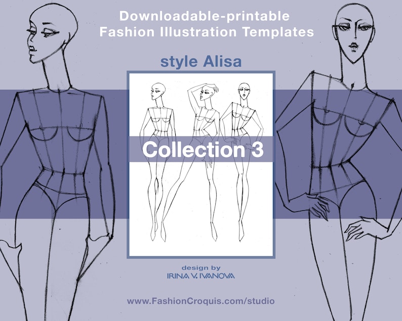 Stylized, 9-head women's fashion drawing figure templates with technical lines (buts, hip, and princess lines) for precise and accurate clothing design illustration. Front view figure with mild movement stylized for fashion illustration.