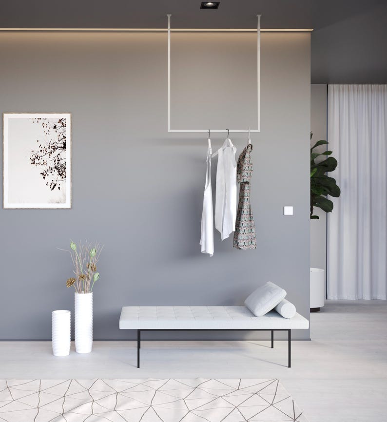 White Ceiling Towel Rack for Small Bathrooms – Space Saving Steel Rail ...