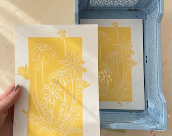Linoldruck Gänseblümchen gelb 14,8 x 21 cm