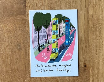 Pode incluir: Ilustração colorida de uma cena de rua com veículos empilhados, semelhantes a ônibus, em uma ciclovia. A imagem inclui o texto em alemão: "Autoindustrie reagiert auf breitere Radwege."
