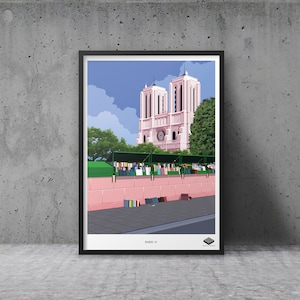 Puede incluir: Una ilustración enmarcada de la Catedral de Notre Dame en París, Francia. La catedral es rosa y blanca con un gran rosetón. La ilustración muestra una escena de calle con puestos de libros frente a la catedral.