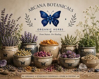 May include: An advertisement for Arcana Botanicals featuring various organic herbs. The image showcases small, rustic pots filled with herbs like lavender, chamomile, and rose petals. The brand's logo, a blue butterfly, is prominently displayed, along with the text "Organic Herbs."