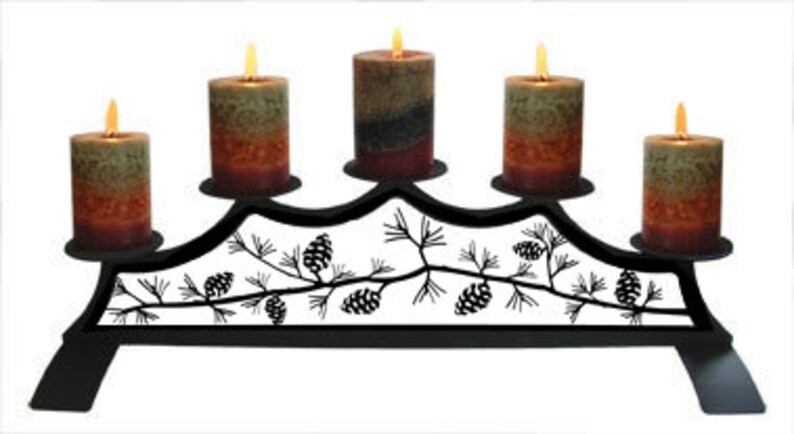 Wrought Iron Black Pine Cone Branches 5 Pillar Fireplace - Flameless Candle Holder For Fireplace Wrought Iron Black Pine Cone Branches 5 Pillar Fireplace - Flameless Candle Holder For Fireplace