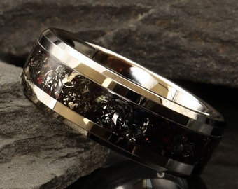 Men's Polished Tungsten Wedding Ring: Meteorite Inlay, 8mm Band