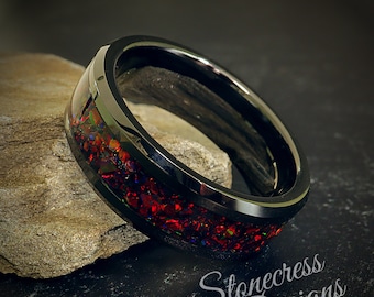 Opal Wedding Band for Him: Crushed Fire Opal Setting in Black Ceramic Ring with Polished Finish, Unique Men's Wedding or Engagement Ring