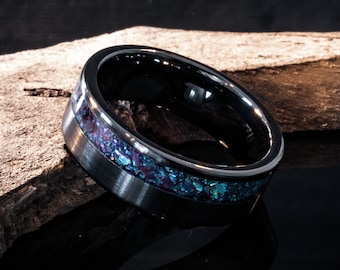 Mens Wedding Ring, Blue Opal, Offset Inlay