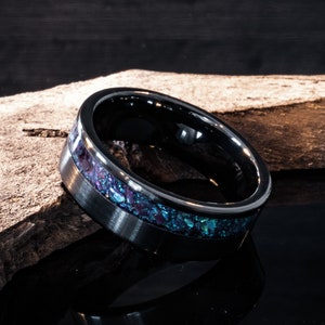 Mens Wedding Ring, Blue Opal, Offset Inlay